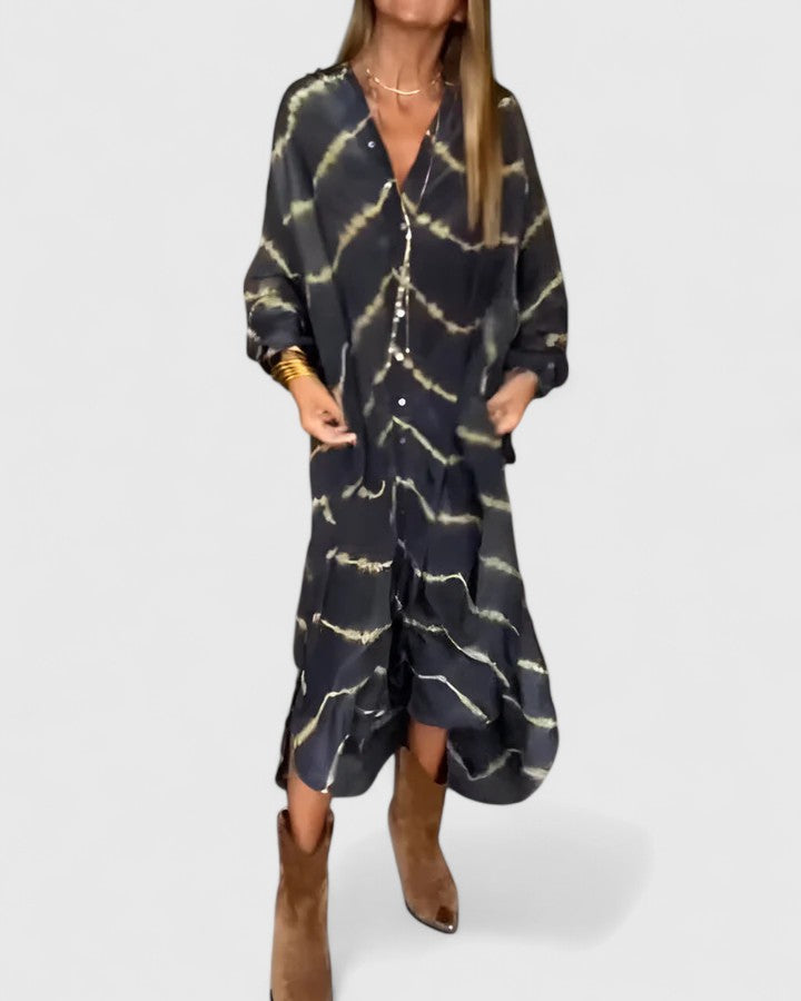 Zephyr | Women's Black Satin Wave Print Button-Down Oversized Dress Carol & Margaret Wilmington