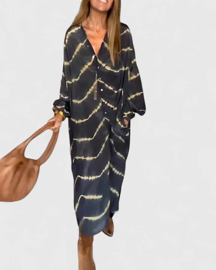 Zephyr | Women's Black Satin Wave Print Button-Down Oversized Dress Carol & Margaret Wilmington