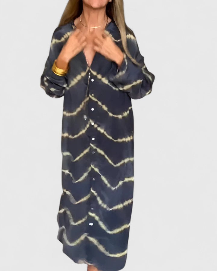 Zephyr | Women's Black Satin Wave Print Button-Down Oversized Dress Carol & Margaret Wilmington