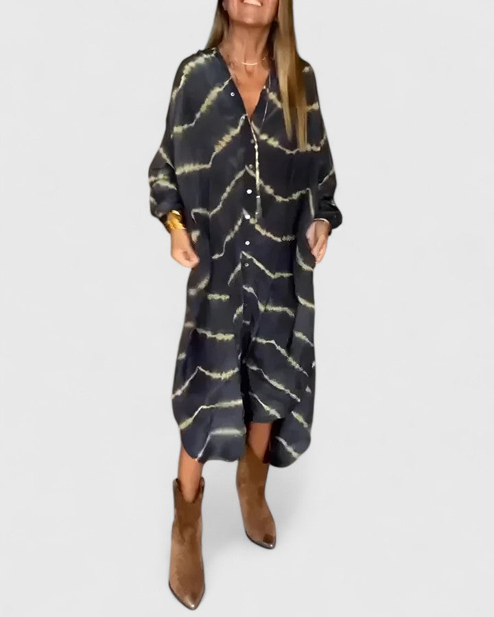 Zephyr | Women's Black Satin Wave Print Button-Down Oversized Dress Carol & Margaret Wilmington
