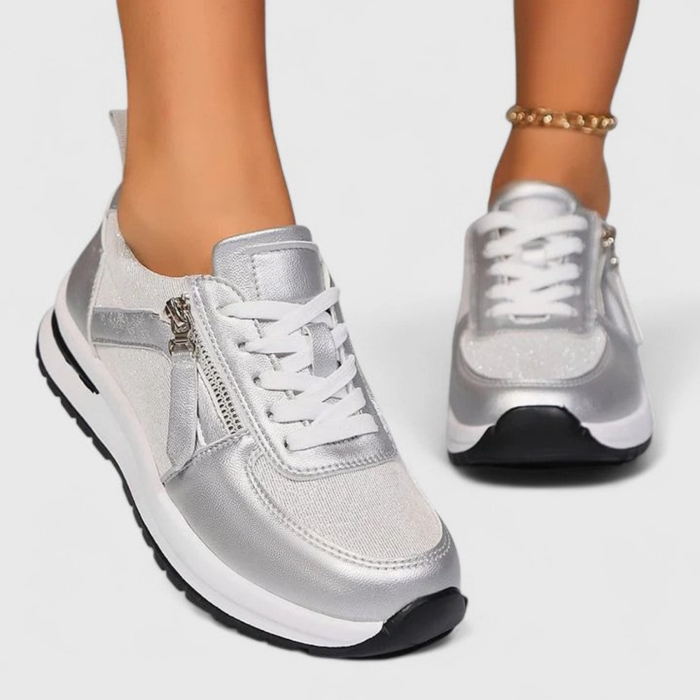Ziva | Women's Leather Metallic Glitter Side Zip Lace-Up Sneakers Carol & Margaret Wilmington