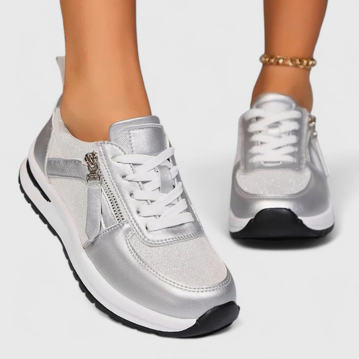 Ziva | Women's Leather Metallic Glitter Side Zip Lace-Up Sneakers Carol & Margaret Wilmington