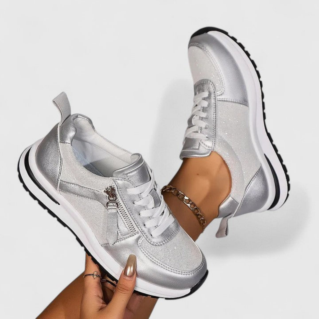 Ziva | Women's Leather Metallic Glitter Side Zip Lace-Up Sneakers Carol & Margaret Wilmington