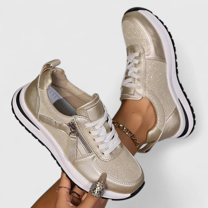 Ziva | Women's Leather Metallic Glitter Side Zip Lace-Up Sneakers Carol & Margaret Wilmington
