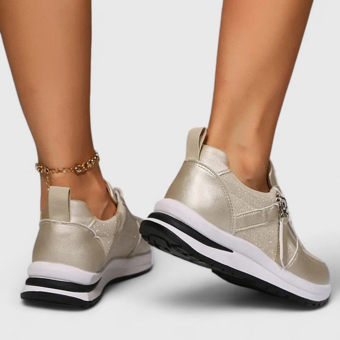 Ziva | Women's Leather Metallic Glitter Side Zip Lace-Up Sneakers Carol & Margaret Wilmington