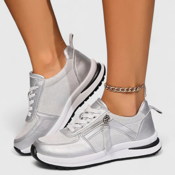 Ziva | Women's Leather Metallic Glitter Side Zip Lace-Up Sneakers Carol & Margaret Wilmington