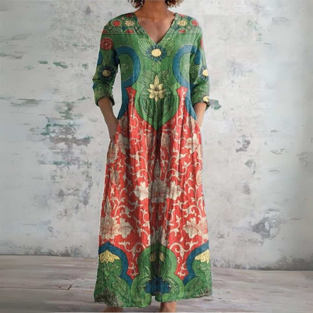 Zola | Women's Green Linen Boho Floral Ethnic V-Neck Maxi Dress Carol & Margaret Wilmington