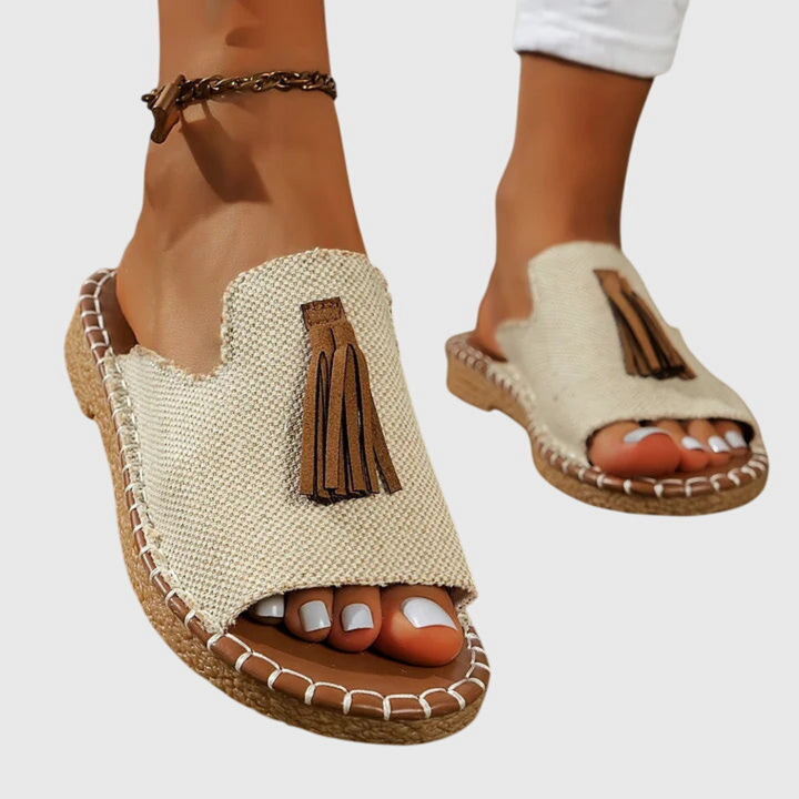 Zuri | Women's Canvas Boho Print Tassel Flat Slide Sandals Carol & Margaret Wilmington