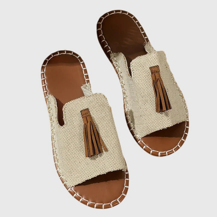 Zuri | Women's Canvas Boho Print Tassel Flat Slide Sandals Carol & Margaret Wilmington