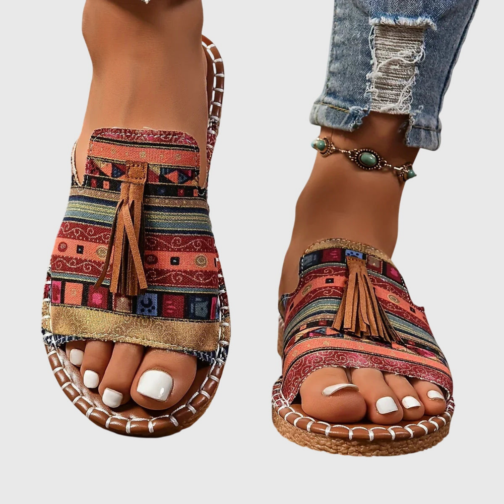Zuri | Women's Canvas Boho Print Tassel Flat Slide Sandals Carol & Margaret Wilmington