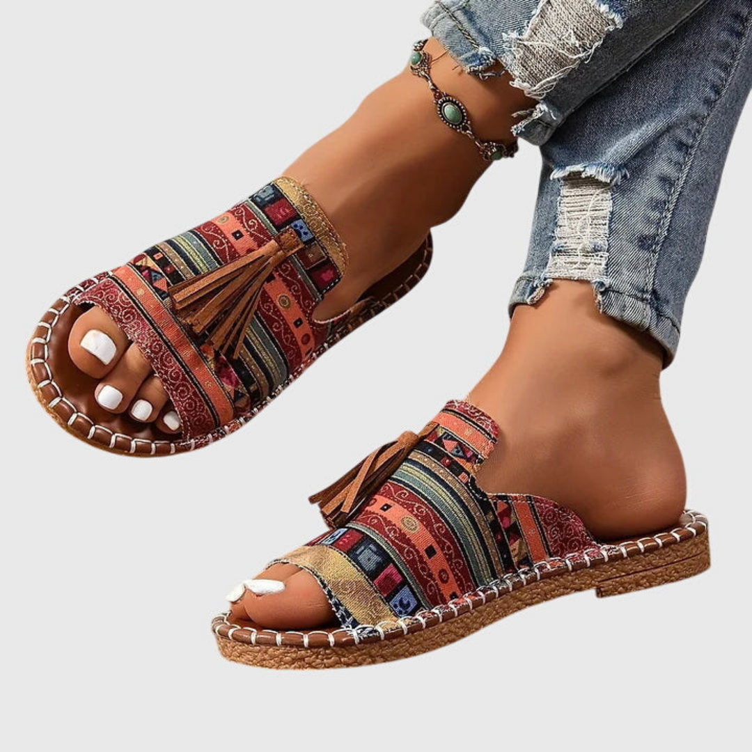 Zuri | Women's Canvas Boho Print Tassel Flat Slide Sandals Carol & Margaret Wilmington