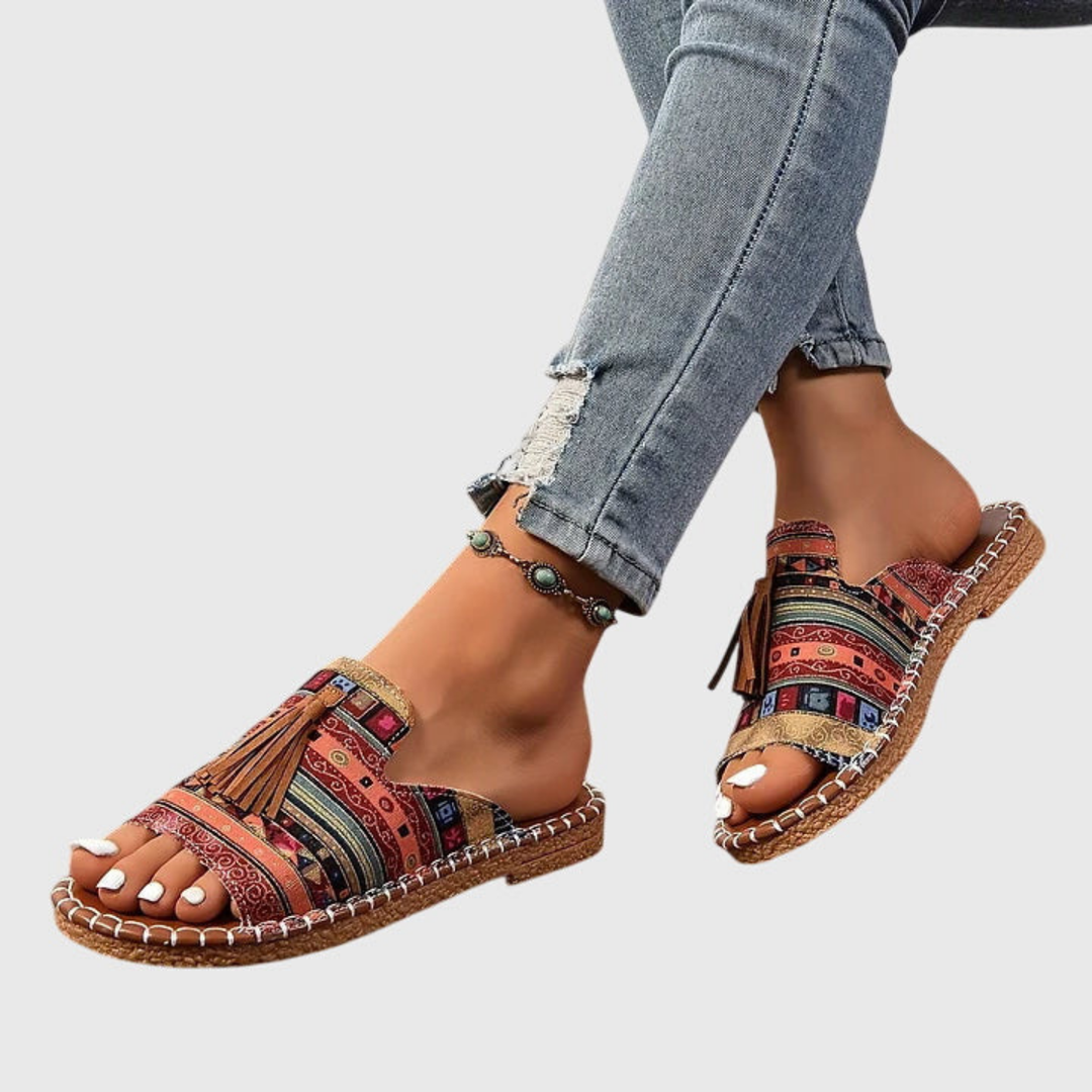 Zuri | Women's Canvas Boho Print Tassel Flat Slide Sandals Carol & Margaret Wilmington
