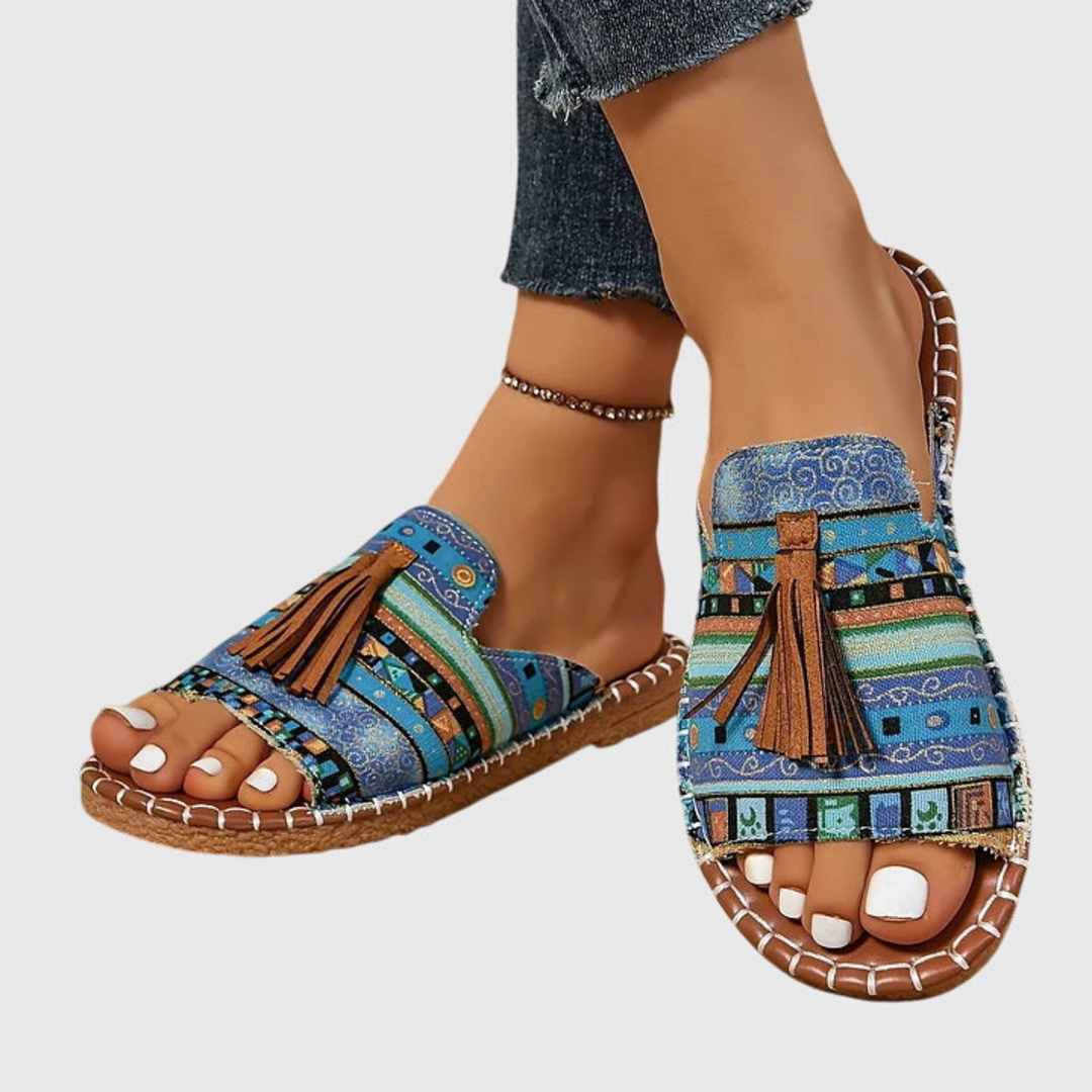 Zuri | Women's Canvas Boho Print Tassel Flat Slide Sandals Carol & Margaret Wilmington