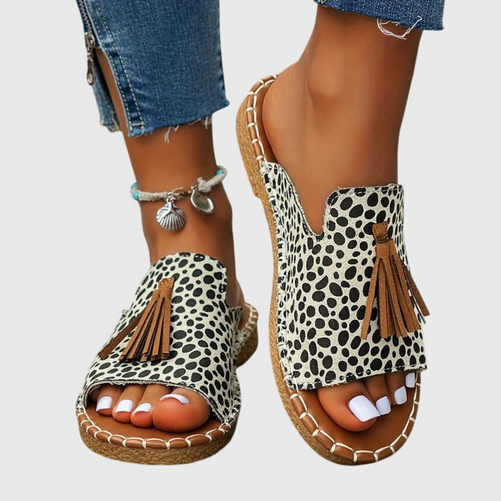 Zuri | Women's Canvas Boho Print Tassel Flat Slide Sandals Carol & Margaret Wilmington