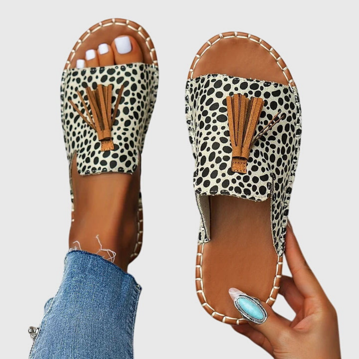 Zuri | Women's Canvas Boho Print Tassel Flat Slide Sandals Carol & Margaret Wilmington