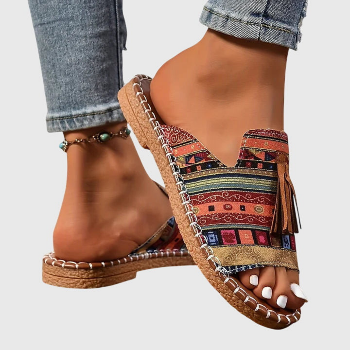 Zuri | Women's Canvas Boho Print Tassel Flat Slide Sandals Carol & Margaret Wilmington
