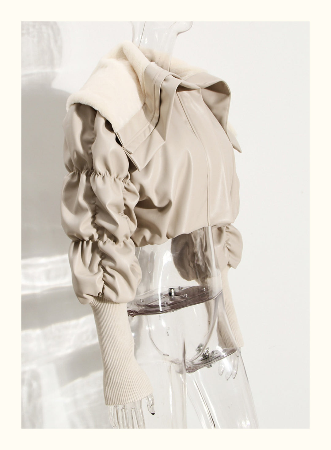 Women's cream PU leather jacket with polo collar