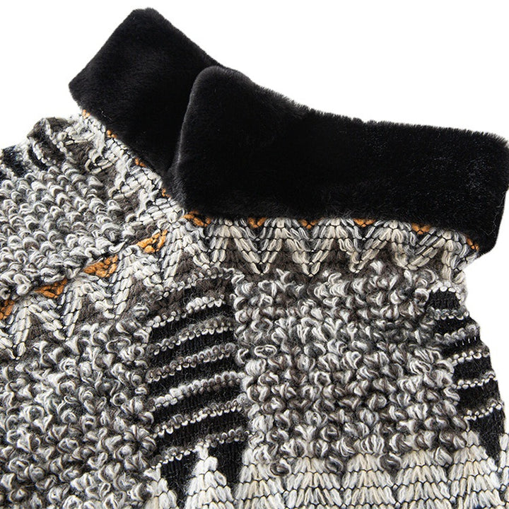 Women's knit shawl with gray jacquard grid pattern