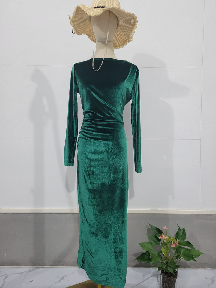 Woman wearing velvet long sleeve slim fit dress