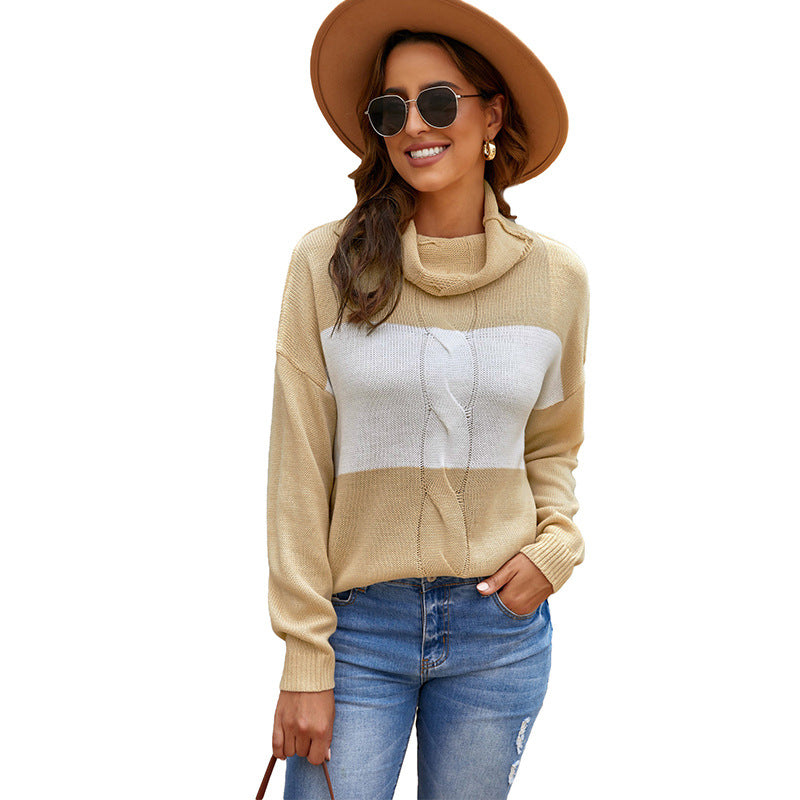 Woman wearing knit turtleneck sweater with contrast stitching
