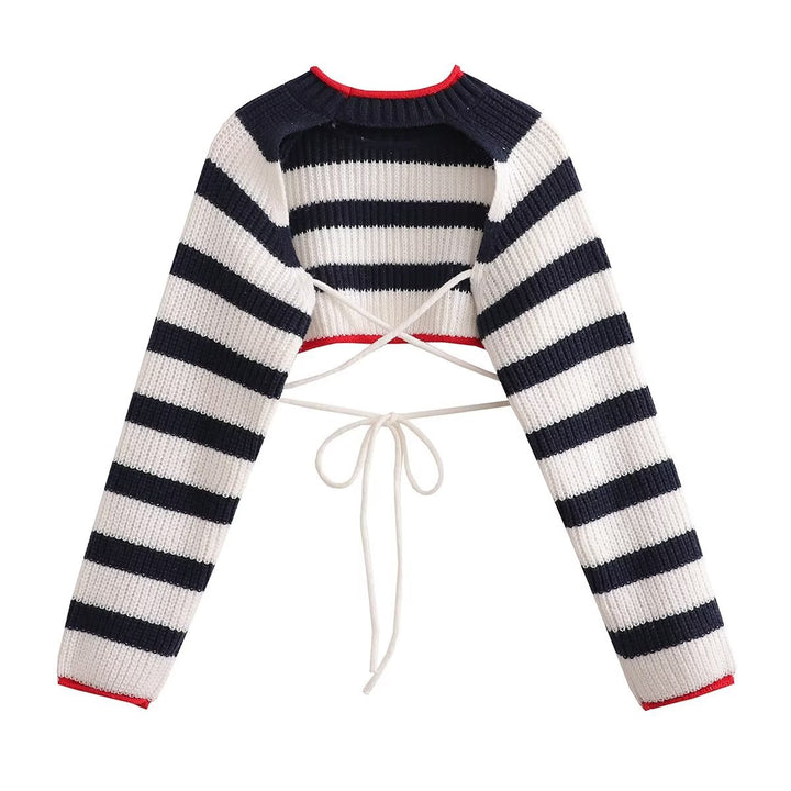 Women's lace-up sweater with striped and plaid pattern