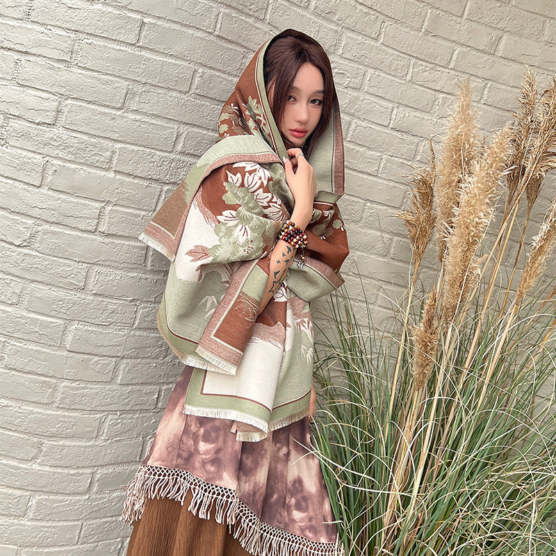 Green and orange long winter scarf for women