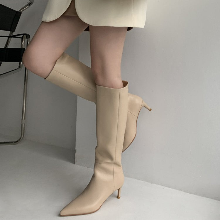 Women's beige leather stiletto knight boots, tall shaft