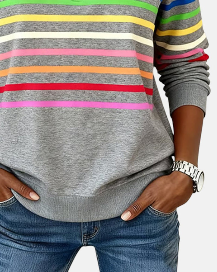 Women's rainbow striped half zip sweatshirt with stand collar
