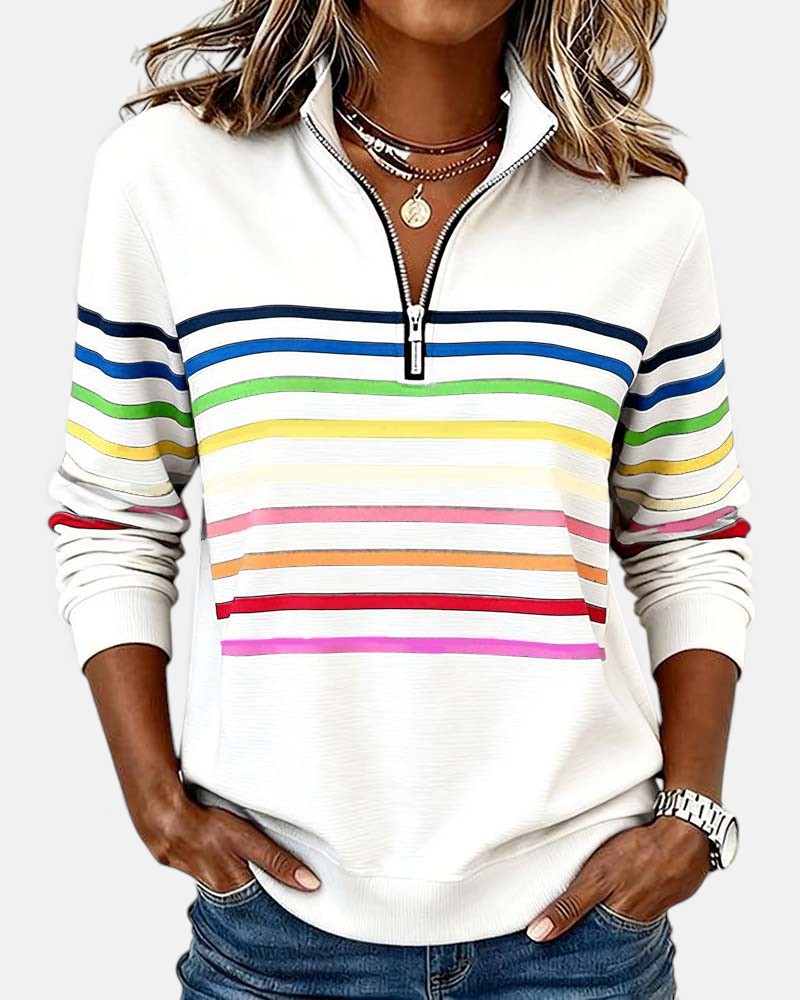 Women's rainbow striped half zip sweatshirt with stand collar