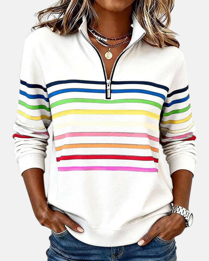 Women's rainbow striped half zip sweatshirt with stand collar