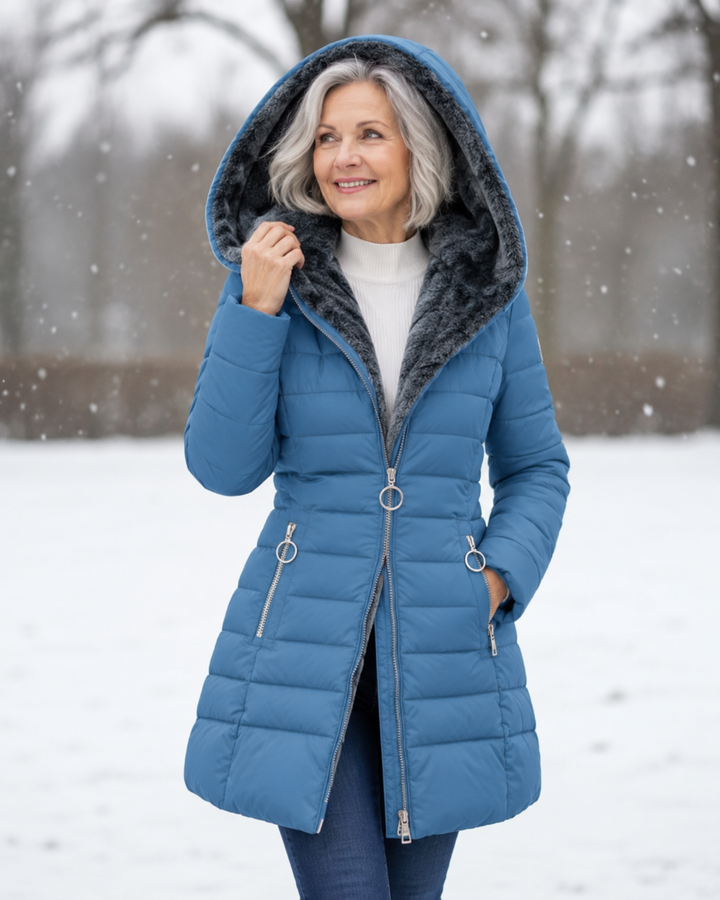 Women's quilted winter coat with hood on model