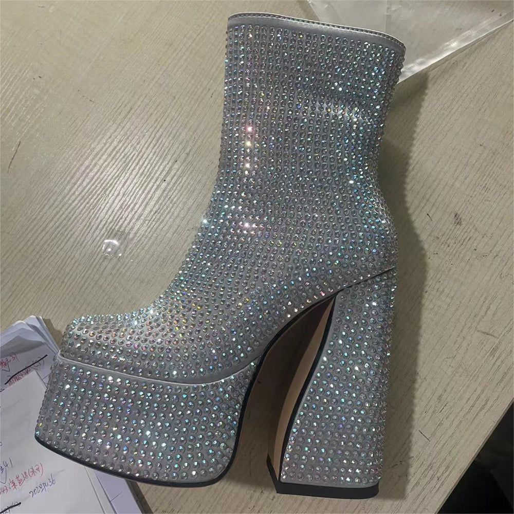 Gray rhinestone short ankle boots for women