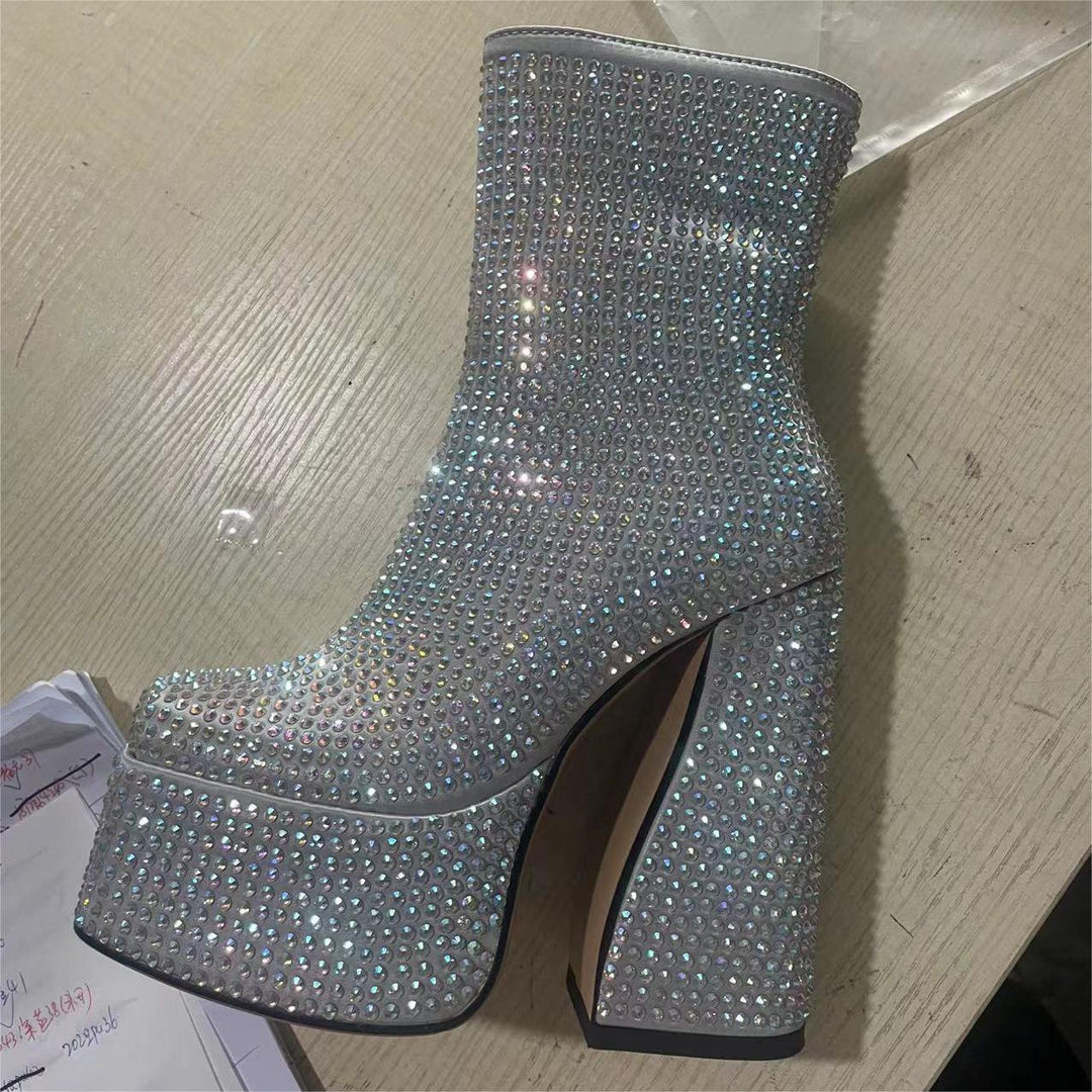 Gray rhinestone short ankle boots for women