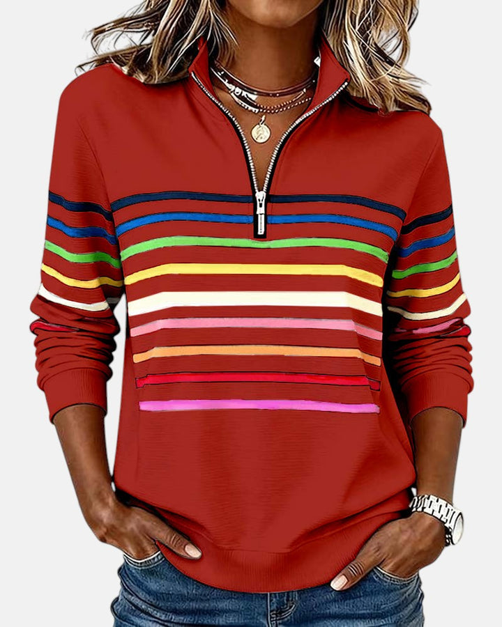 Women's rainbow striped half zip sweatshirt with stand collar