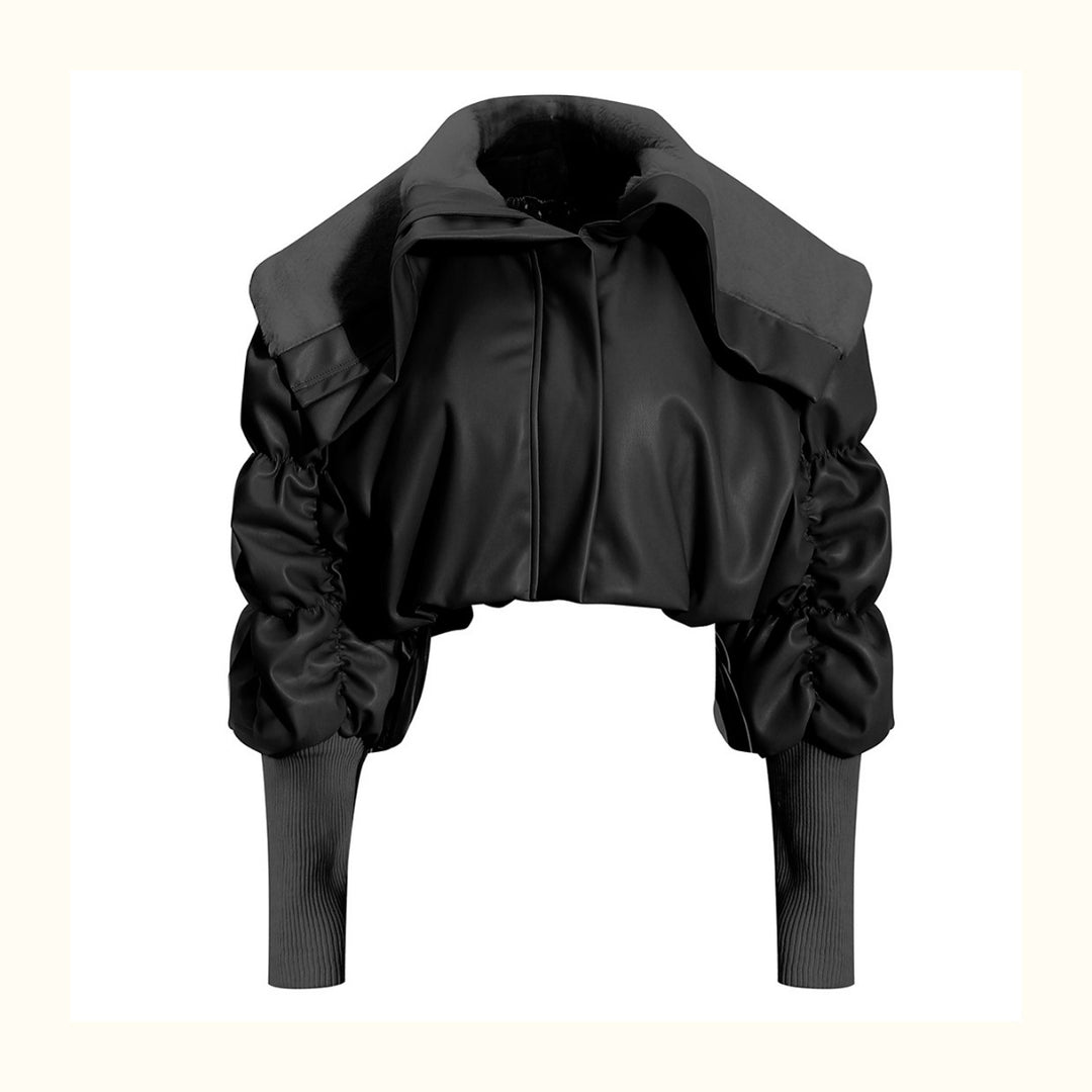 Women's cream PU leather jacket with polo collar