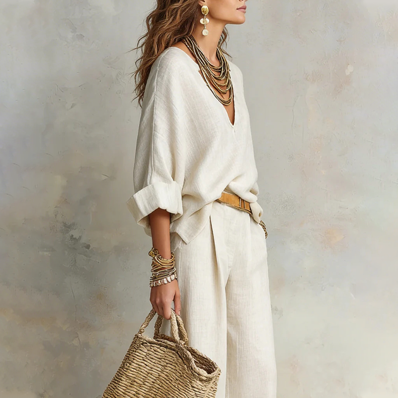 Woman wearing relaxed V-neck top and wide-leg pants set