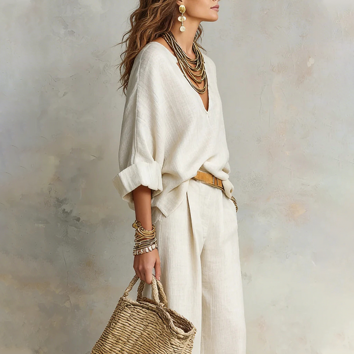 Woman wearing relaxed V-neck top and wide-leg pants set