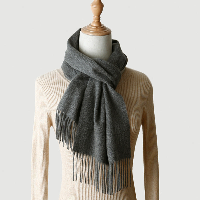 Women's solid color cashmere tassel scarf with long fringe