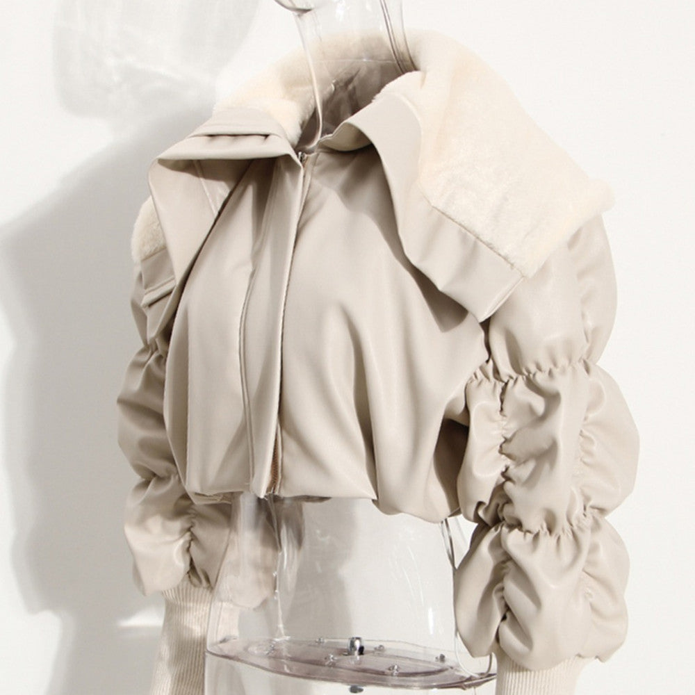 Women's cream PU leather jacket with polo collar