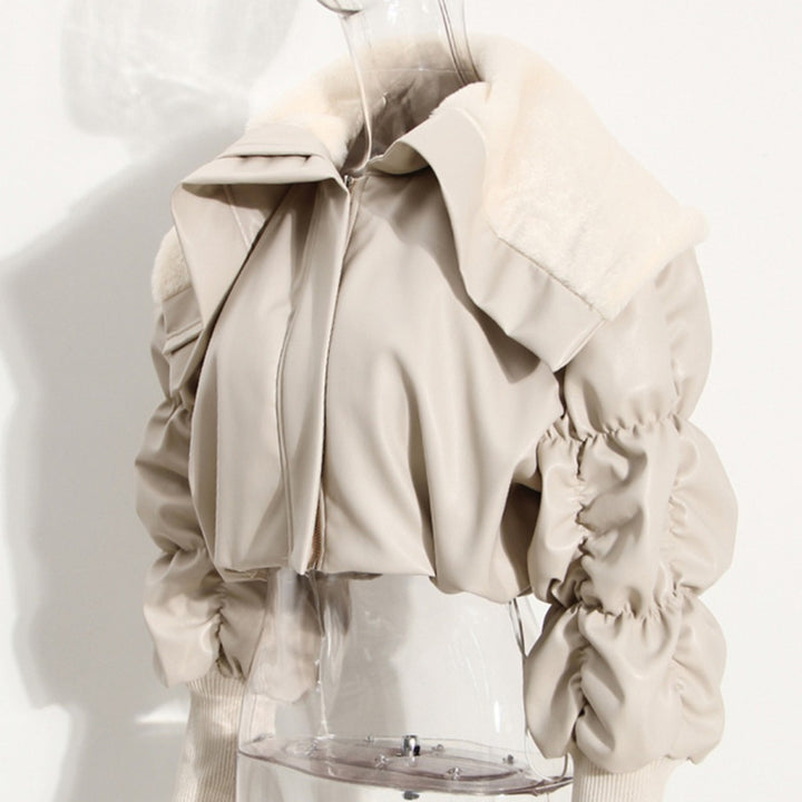 Women's cream PU leather jacket with polo collar