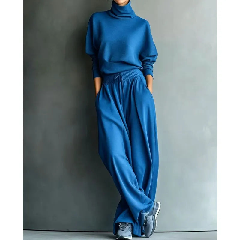 Woman wearing turtleneck two piece set with wide-leg pants