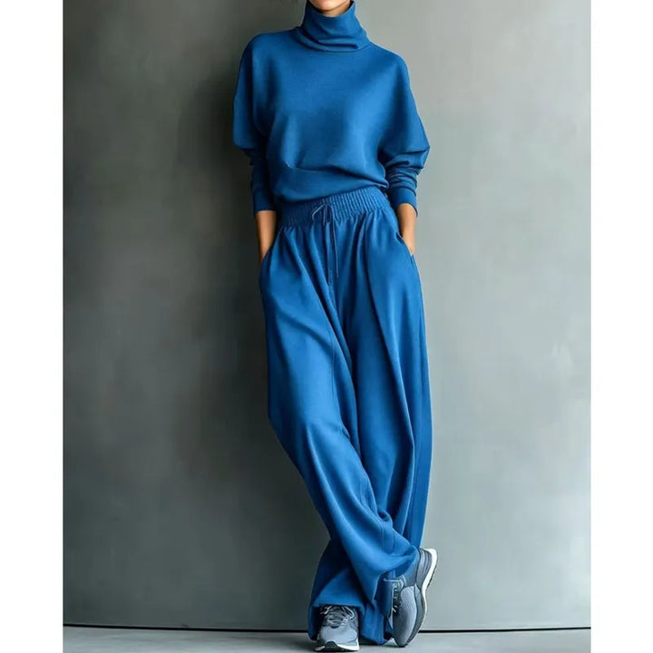 Woman wearing turtleneck two piece set with wide-leg pants