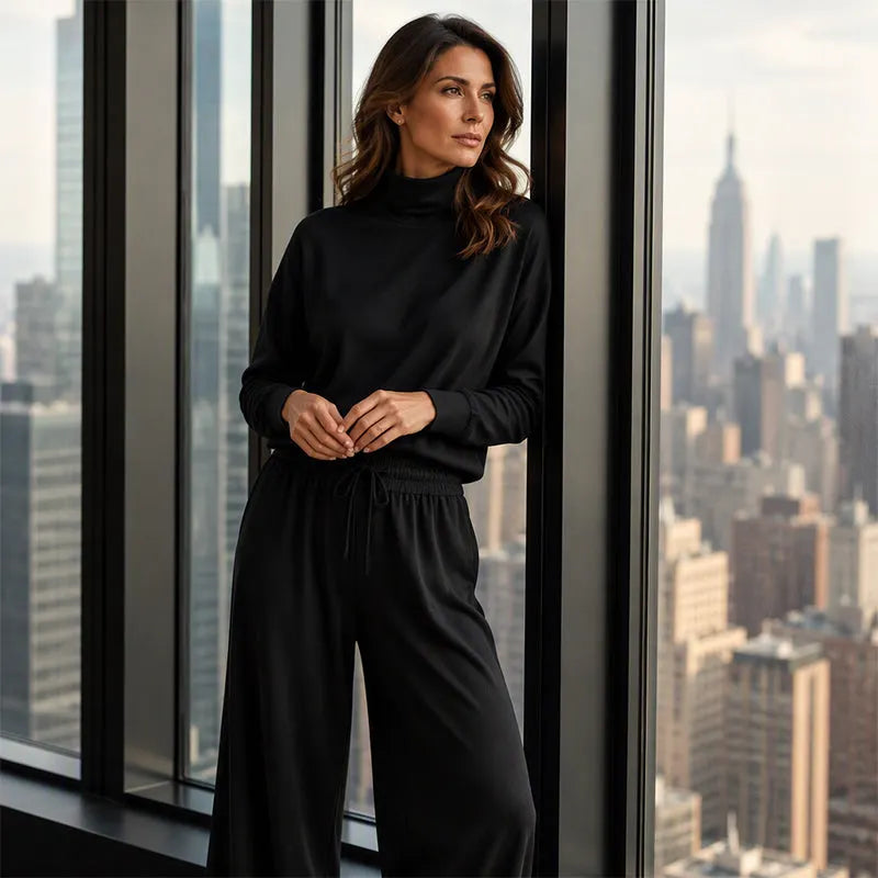 Woman wearing turtleneck two piece set with wide-leg pants
