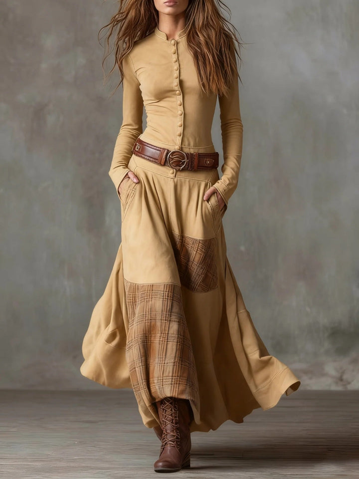 Women's navy patchwork maxi dress with plaid panels and belt