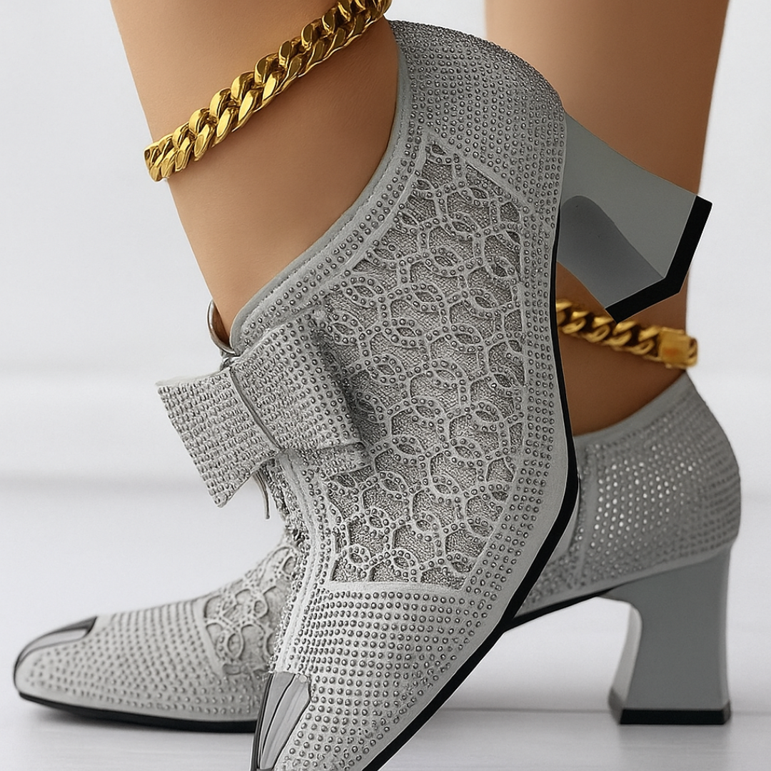Hulda | Women's Embellished Pointed-Toe Block-Heel Zip-Up Pumps