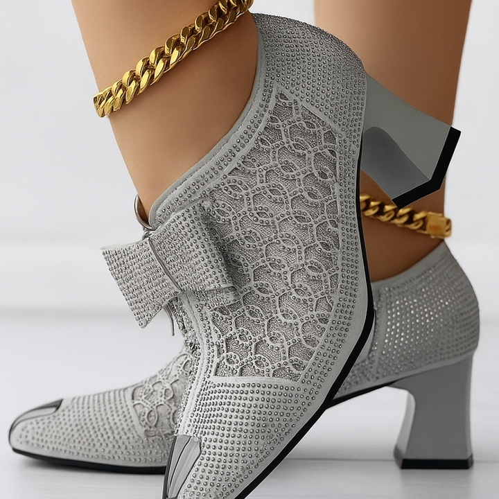 Hulda | Women's Embellished Pointed-Toe Block-Heel Zip-Up Pumps