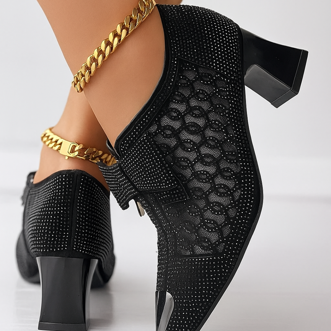 Hulda | Women's Embellished Pointed-Toe Block-Heel Zip-Up Pumps