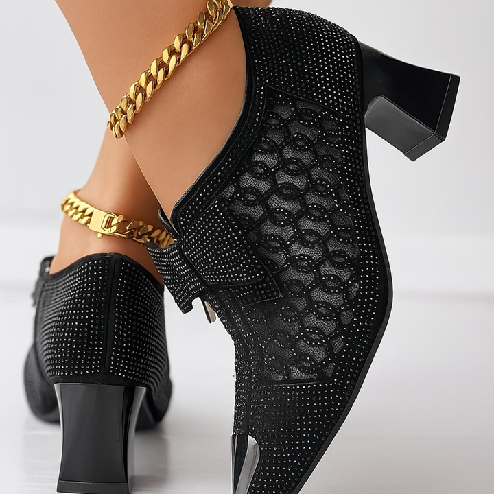 Hulda | Women's Embellished Pointed-Toe Block-Heel Zip-Up Pumps