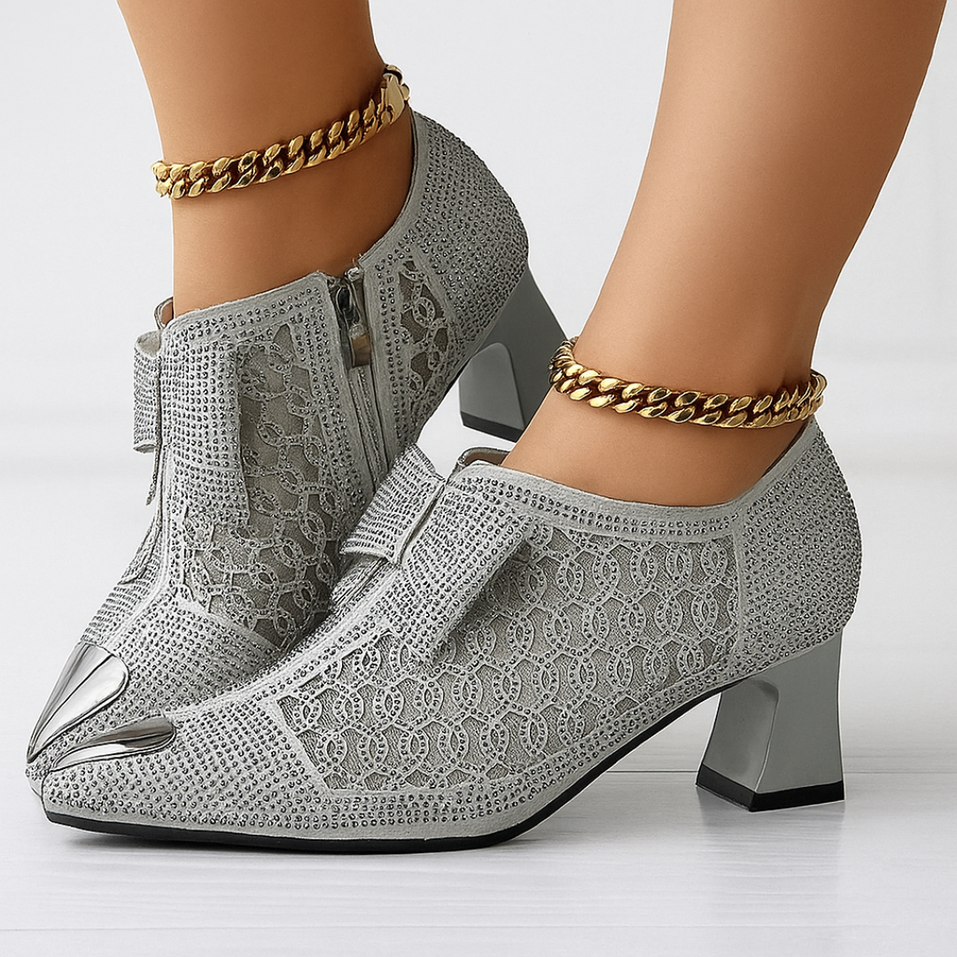 Hulda | Women's Embellished Pointed-Toe Block-Heel Zip-Up Pumps