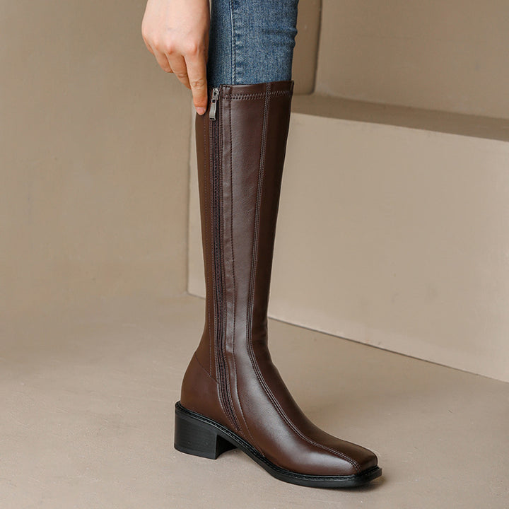 Women's knee high boots with side zipper and thick heel
